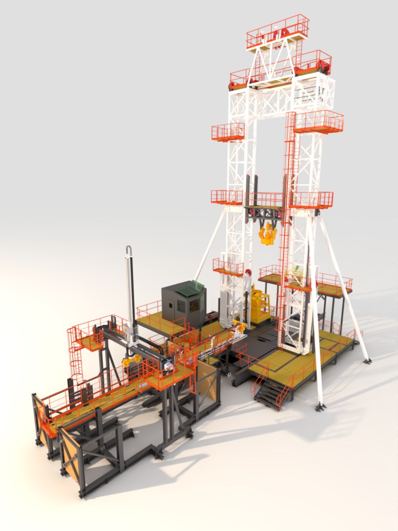 3D model of a geotechnical drilling rig with its mast, pipe handling and work platforms