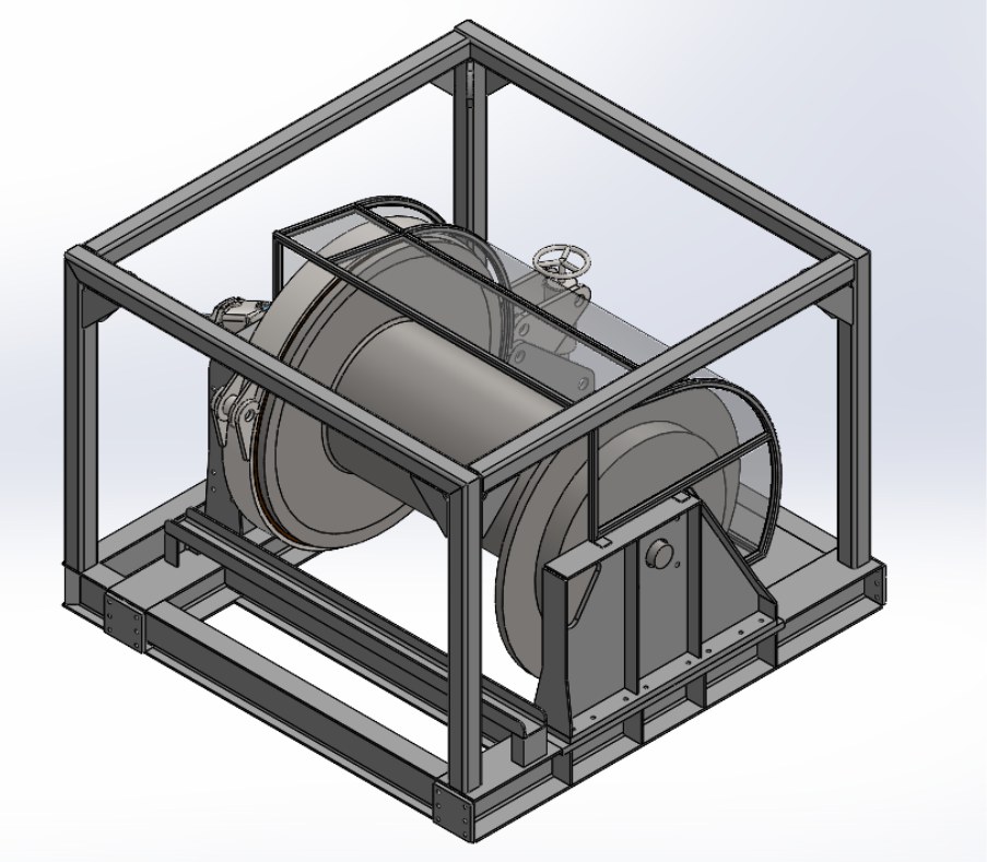 CAD model of a heavy-lift winch drum inside a protective frame