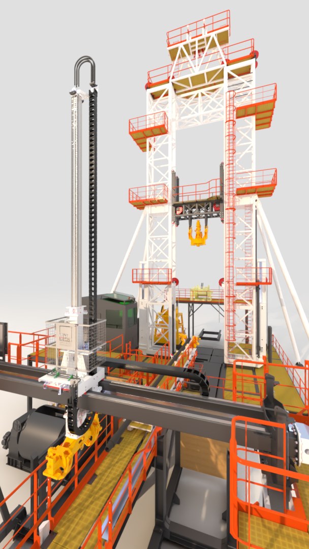 3D model of a geotechnical marine drill with a tall mast and pipe handler