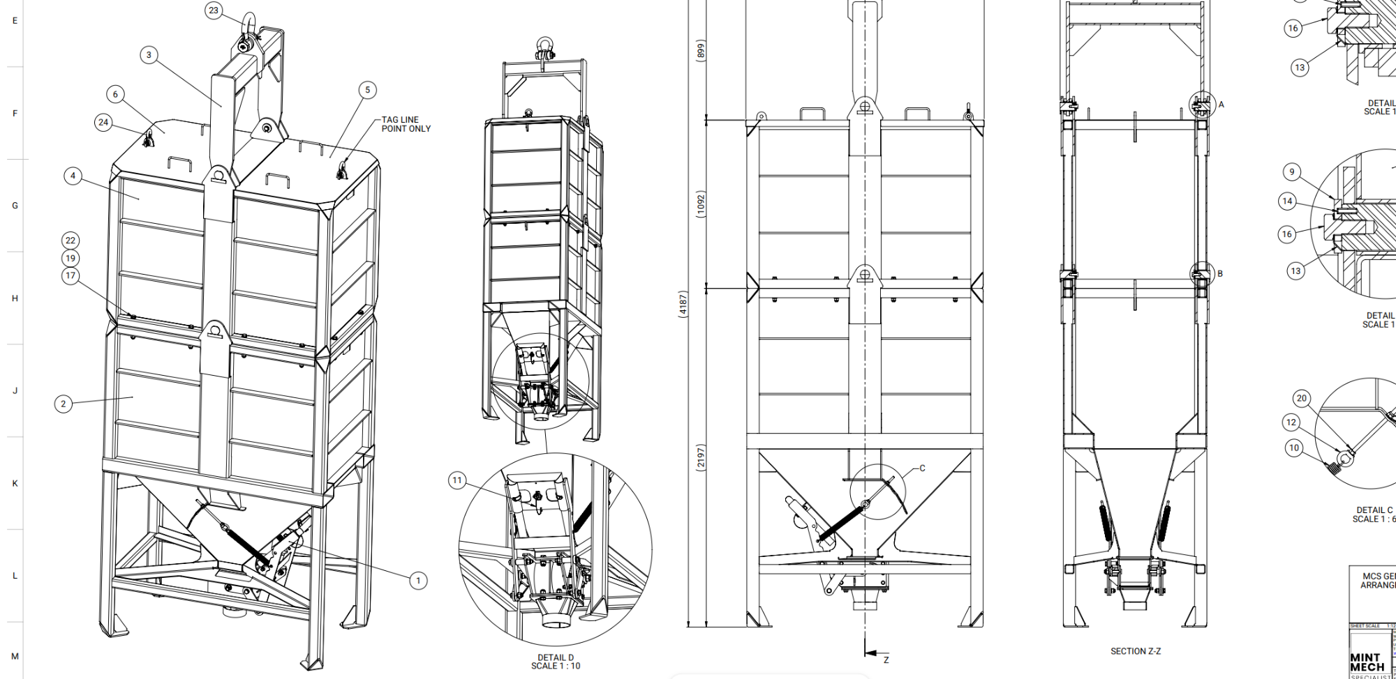 General arrangement drawing of a modular concrete skip with a discharge hopper