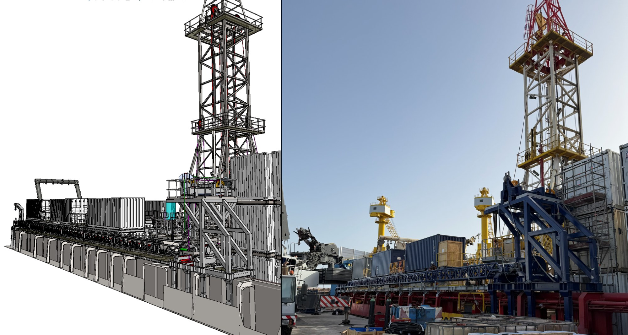 CAD model of a deployment tower beside a photograph of the finished tower on a quay