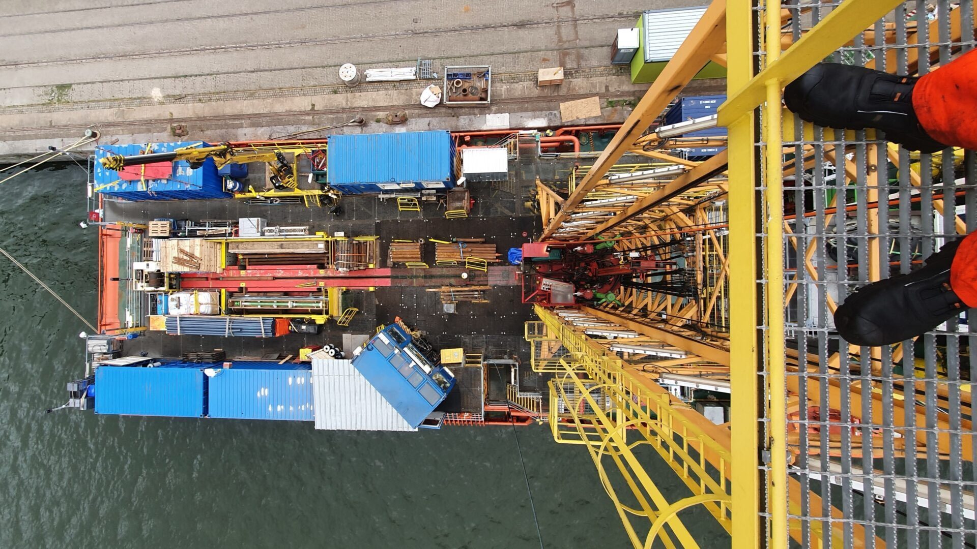 The view of the mdeck spread on a marine drilling vessel from the top of the drill tower