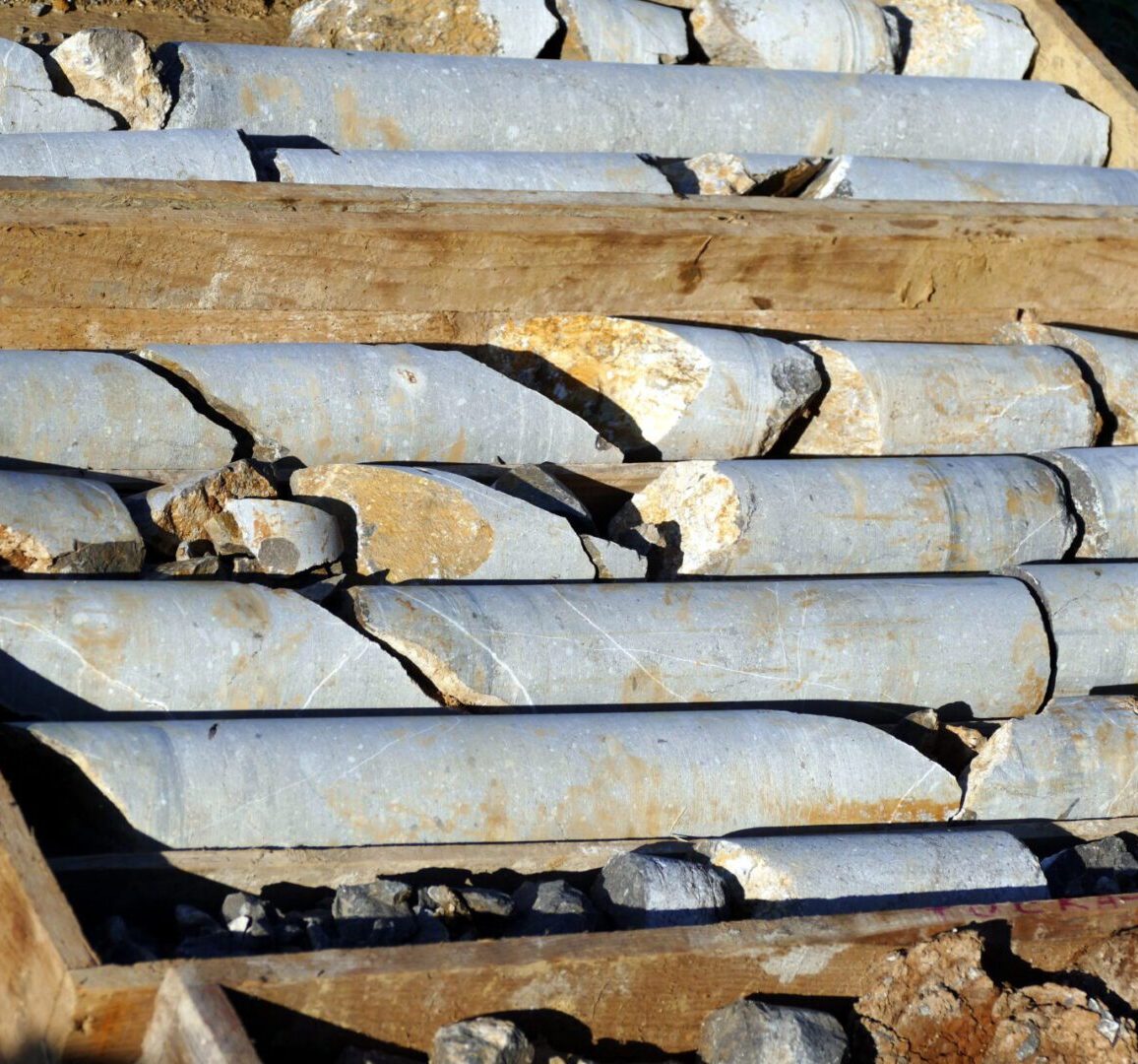Geotechnical samples of rock in a wooden crate