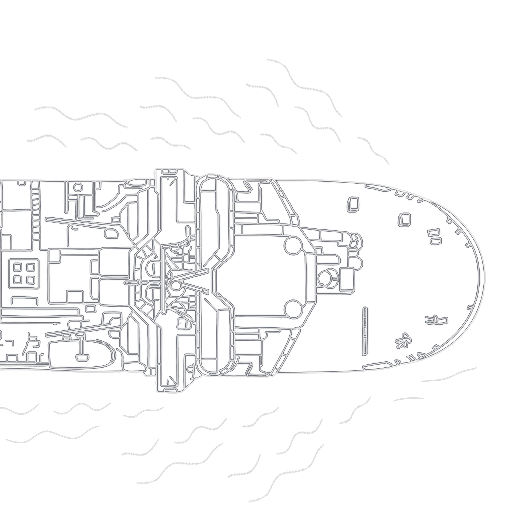 A top down outline of a marine drilling vessel showing the deck spread